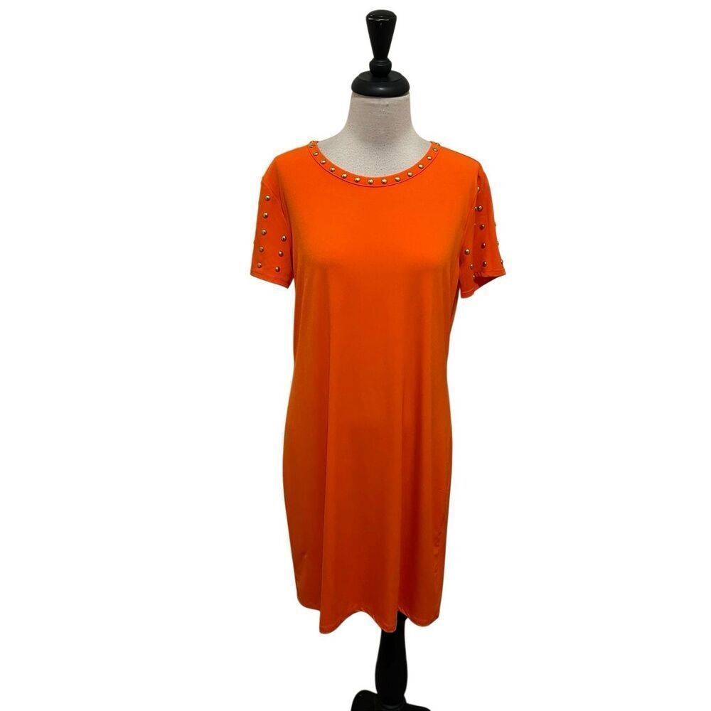 Carmen Marc Valvo Women's Short Sleeve Gold Studded T-Shirt Dress Orange Large